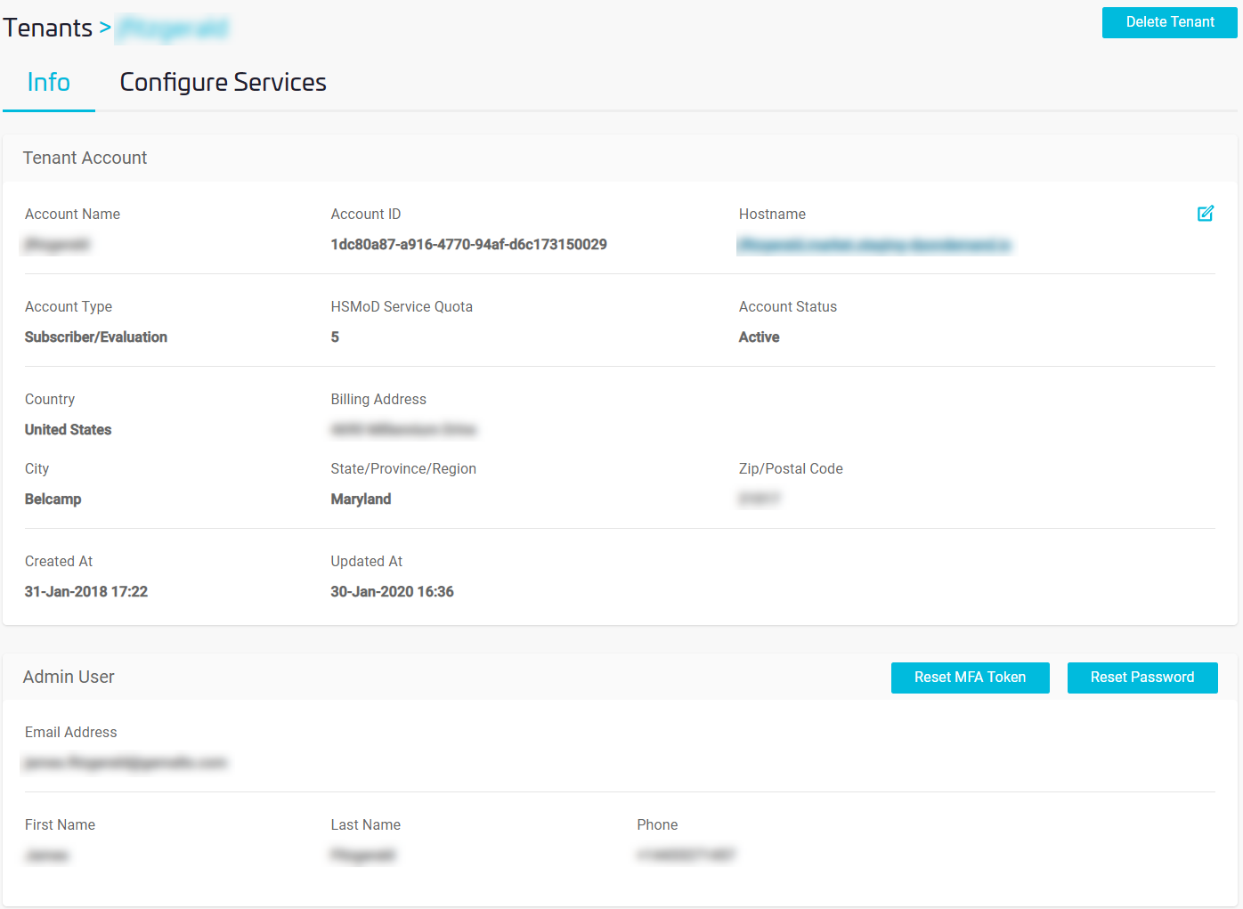 The Tenant Details Page containing an example Tenant account.