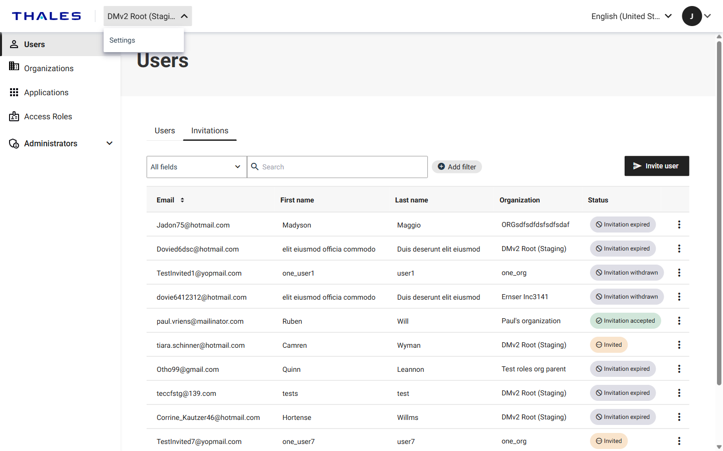 Settings option in the organization menu