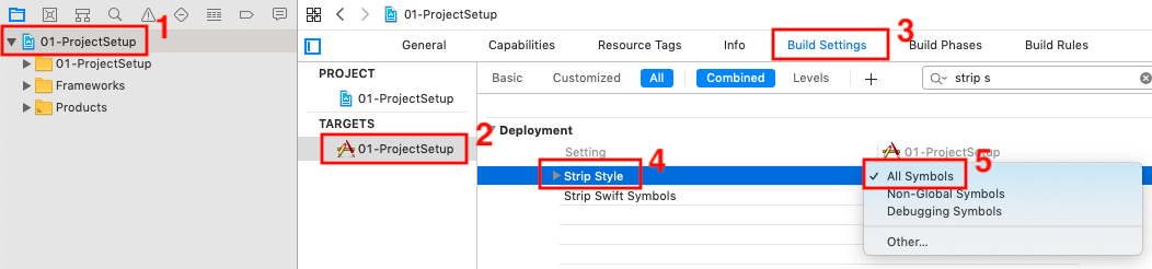 Build Settings > Deployment > Strip Style