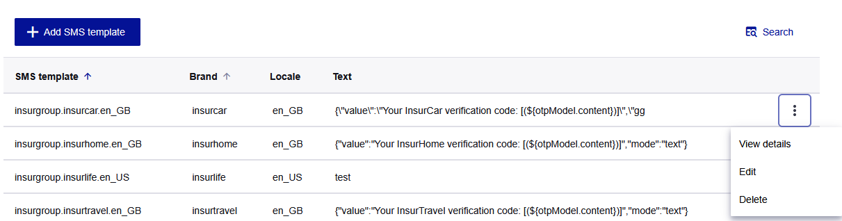 SMS template menu