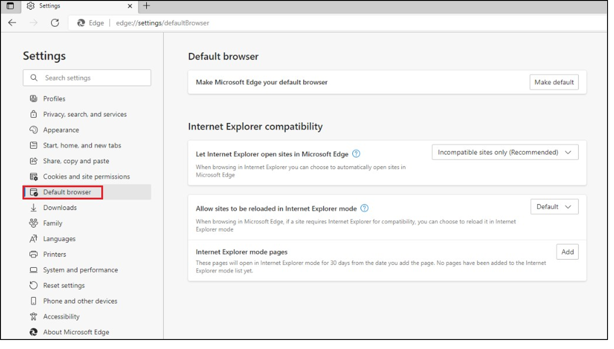 Enable IE mode in Edge browser