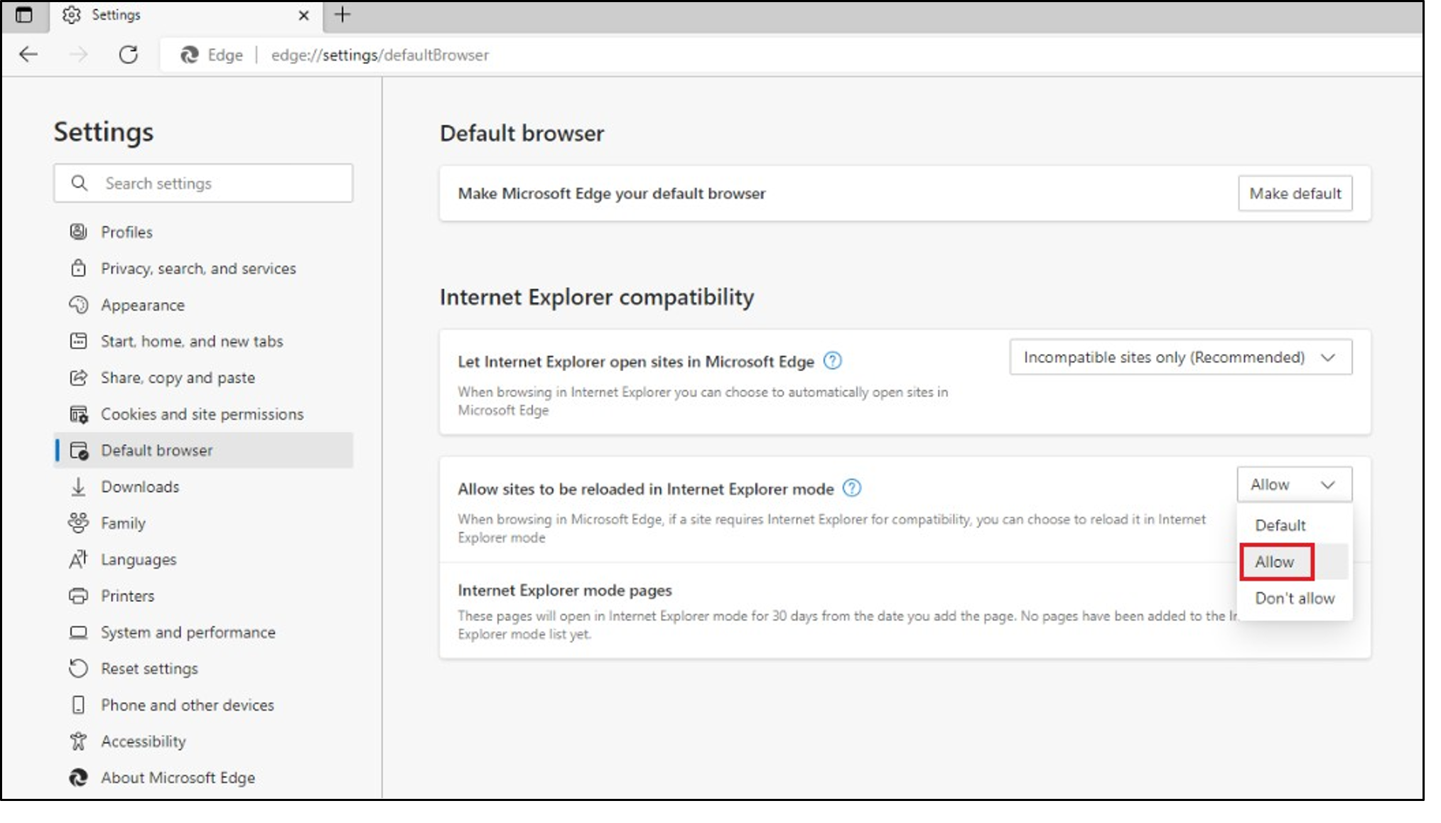 Enable IE mode in Edge browser