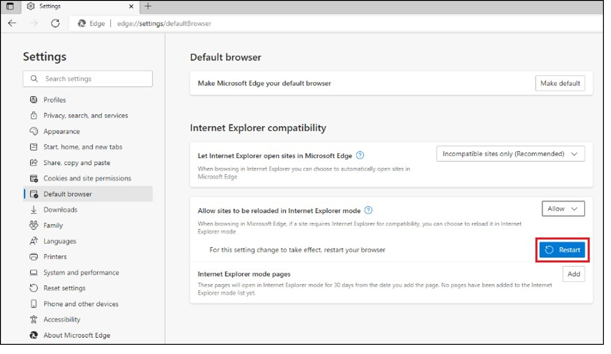 Enable IE mode in Edge browser