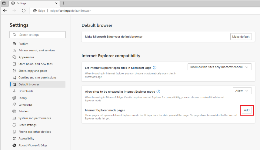 Enable IE mode in Edge browser