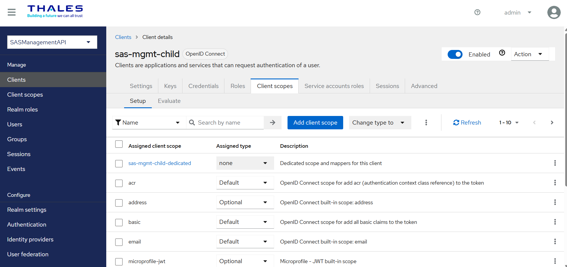 Dedicated client scope Dedicated client scope on the Client scopes tab