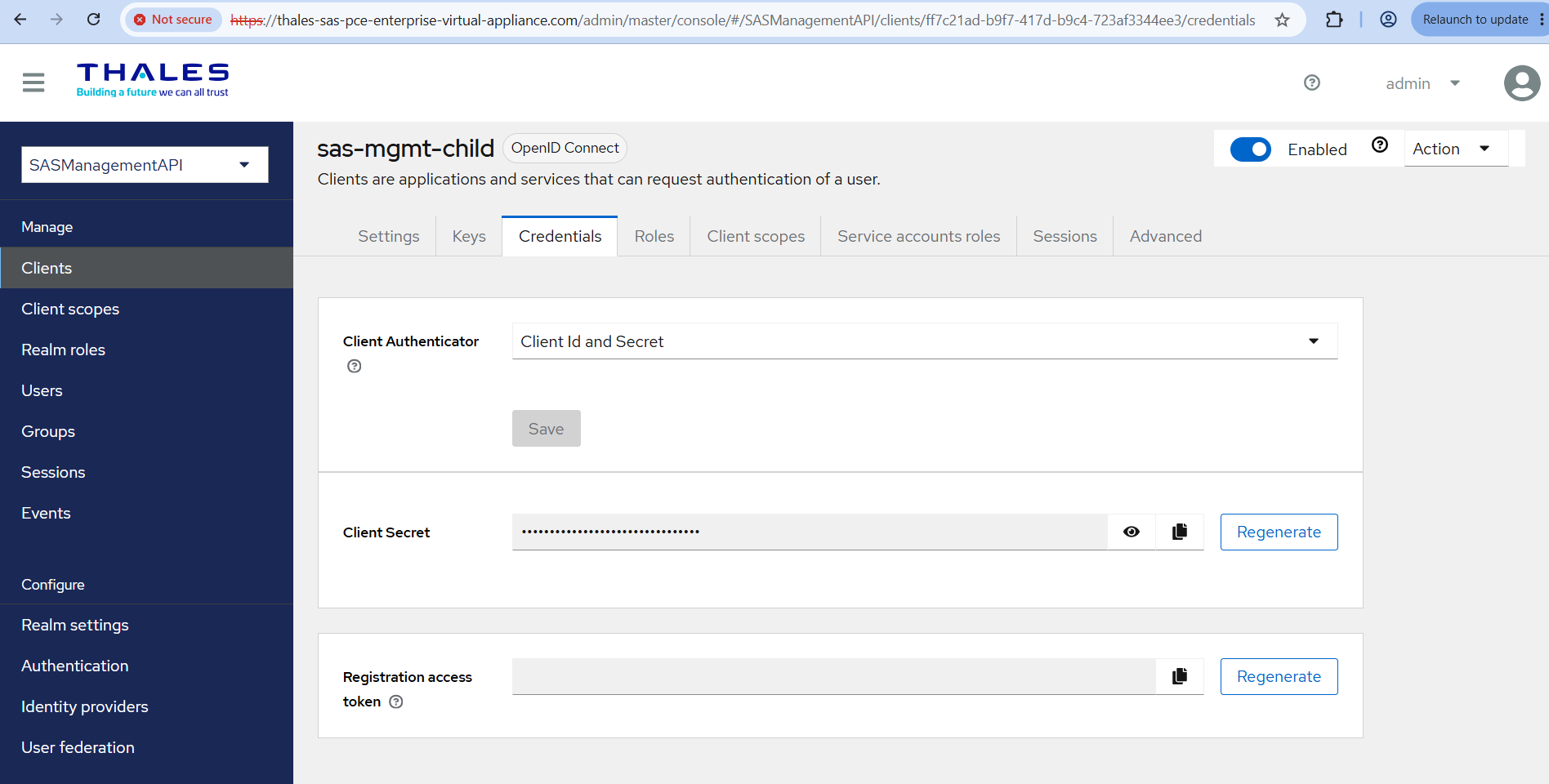 Credentials tab — Regenerate secret Credentials tab with Regenerate secret button