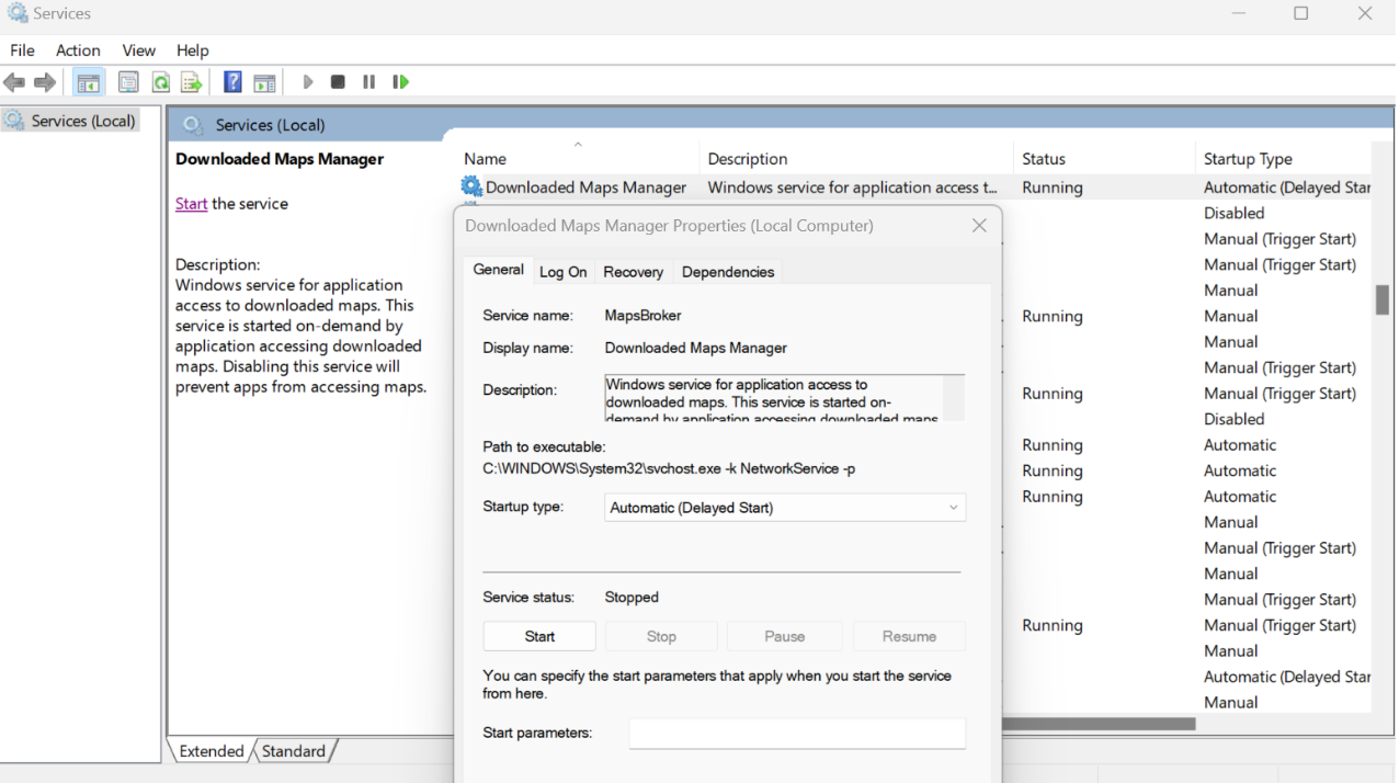 Downloaded Maps Manager in Services