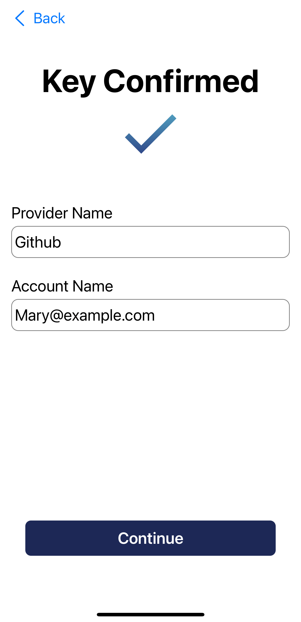 Pre-filled Key Confirm screen