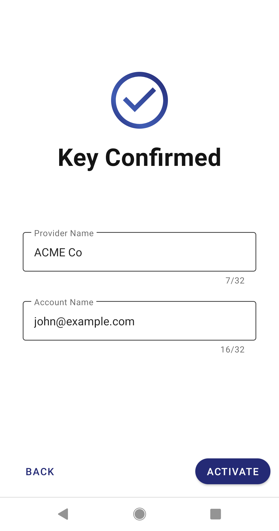 Key confirmed page is pre-filled with URL