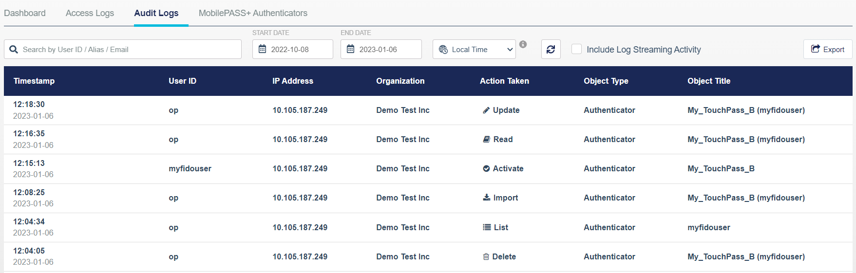 Audit logs with import and activate