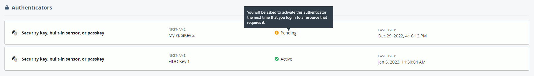 Imported FIDO tokens on the user portal